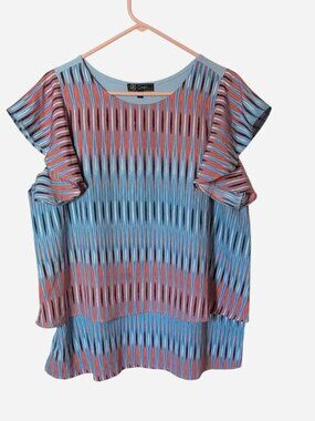 DG2 by Diane Gilman Blue & Coral Geometric Ruffle Sleeve Top Size XL